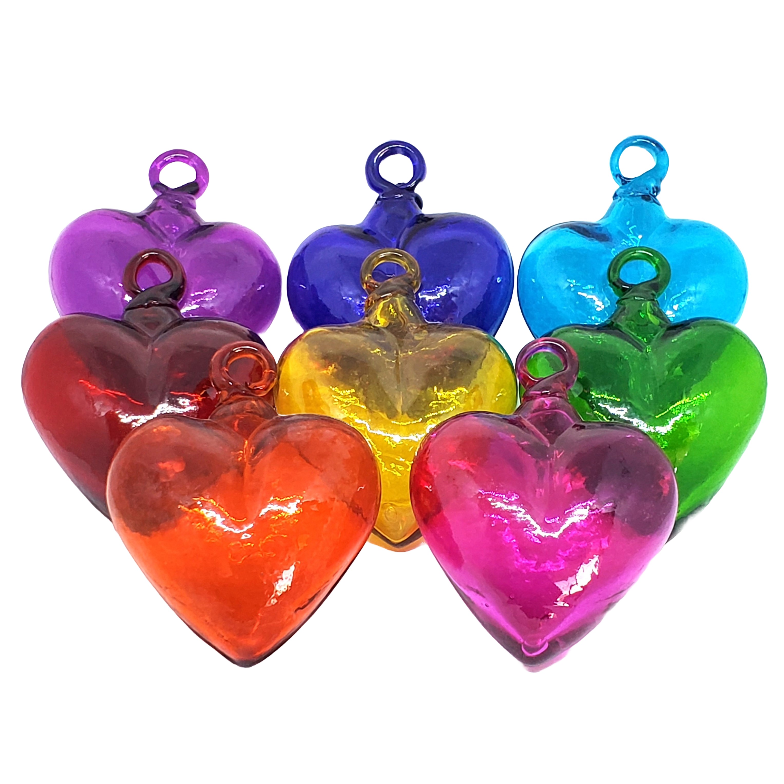 GLASS ORNAMENTS / Rainbow Colored 3.5 inch Medium Hanging Glass Hearts (set of 8)